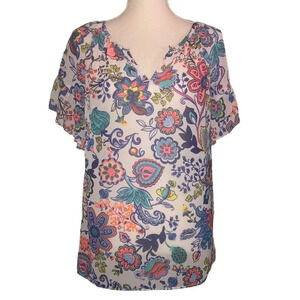 MILLY for Design Nations Sz M Women's Multi-Color Floral Short Sleeve Blouse Top